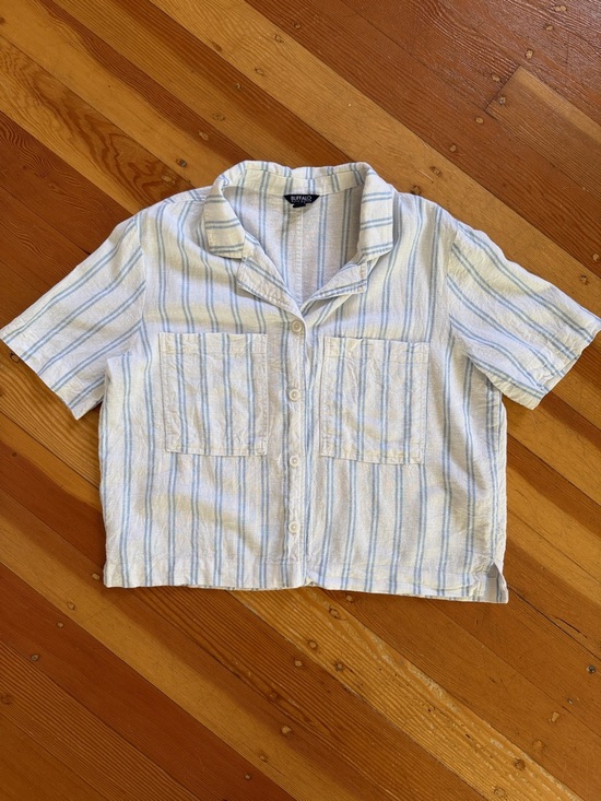 Buffalo David Bitton Tops - BUFFALO David Bitton White Blue Striped Linen Blend Button Down Shirt Large